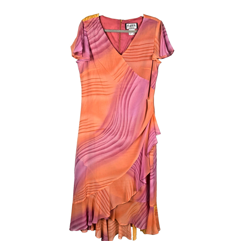 Vintage Mary McFadden Sheath Dress Size 14 Pink Orange Chiffon Feminine Ruffle